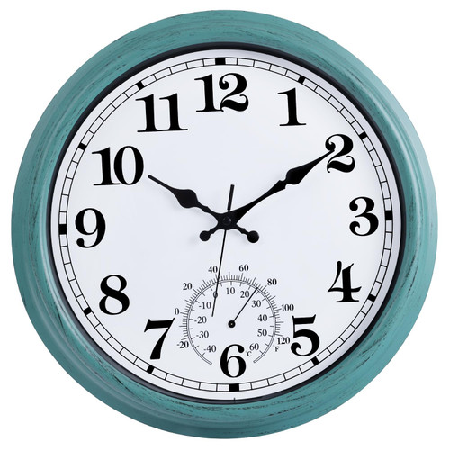 16 Inch Large Outdoor Clock, Retro Waterproof Indoor/Outdoor Clock Non-Ticking Clock with Thermometer, Battery Operated Wall Clock for Patio, Garden, Pool - Green