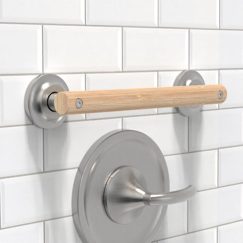 AquaChase Natural Bamboo Grab Bar for Bathroom & Toilet, ADA Compliant Balance Assist Handrail for Handicap and Seniors, 12in Brushed Nickel