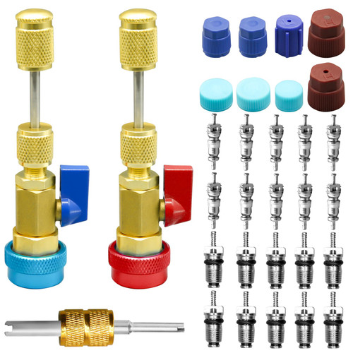 31Pcs R134A Valve Core Quick Remover Installer Tool Set, High Low Pressure AC Valve Core Removal Tool with R134A Valve Core AC Service Port Cap Valve Stem Kit for Refrigerant Air Conditioner System