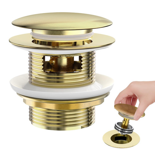 BOTEMY Solid Brass Pop-Up Drain for Freestanding Tubs, Tool-Free Installation Bathtub Drain Stopper with Brushed Gold Finish, Universal Fit 1.8" Hole Size, Leak-Proof Heavy Duty Design ​(Brushed Gold)