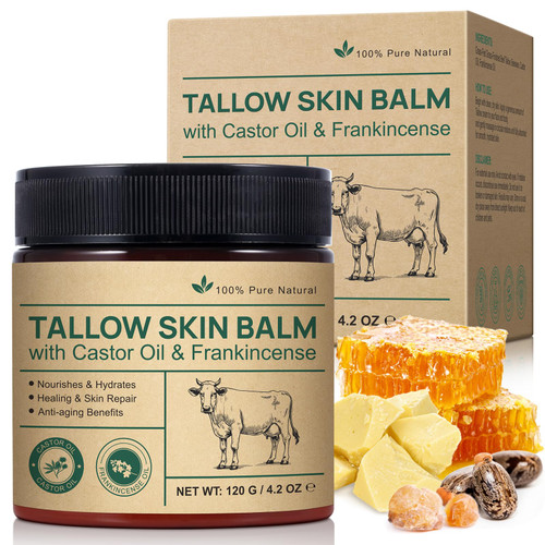 Tallow Frankincense Balm for Face/Body, 100% Grass-Fed Beef Tallow & Castor Oil & Frankincense Oil Moisturizer for Deeply Hydrating/Skin Barrier Repair/Lifting/Firming, Natural,4.2 Oz/120 G