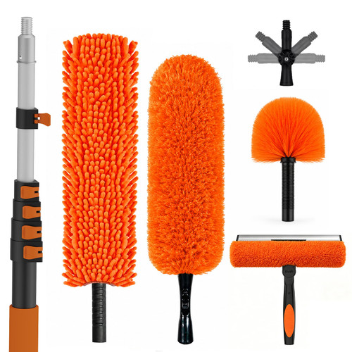 SISUPASSIE 30FT Reach High Ceiling Duster Kit, Window Cleaning kit with 5-24FT Extension Pole, Fan Duster for Ceiling Fan Blades, Microfiber Feather Duster, Rotatable Window Squeegee and Cobweb Duster