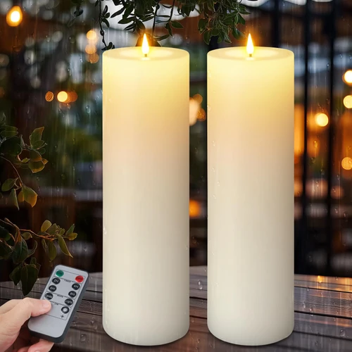 12"×4" Large Outdoor Flameless LED Candles, IP45 Waterproof, White 2 Pack