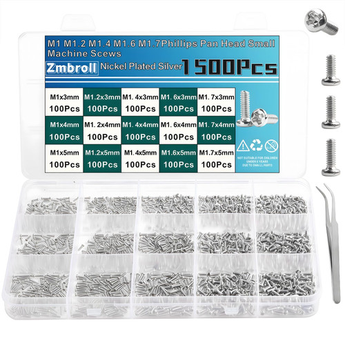 Zmbroll 1500Pcs Tiny Micro Repair Screw Metric M1/M1.2/M1.4/M1.6/M1.7 Nickel-Plated Carbon Steel Phillips Pan Head Small Machine Screws Assortment for Eyeglasses,Watches,Clocks,Mobile Phone