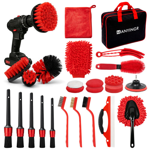 25Pcs Car Detailing Kit with Drill Brushes, Car Cleaning Kit for Interior Exterior, Wheel & Tire Brushes, Polishing Pads for Waxing, Auto Detailing Tools – Gift for Men Dad (25PCS)