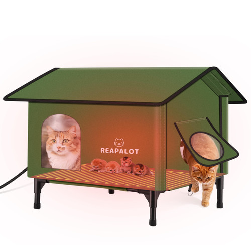 REAPALOT Heated Cat House for Outside Cat in Winter, Insulated Outdoor Feral Cat Shelter with Cat Heating Pad, Elevated Heated Kitty House for Multiple Cats (Green, L(24.4"x16.9"x24.4"))