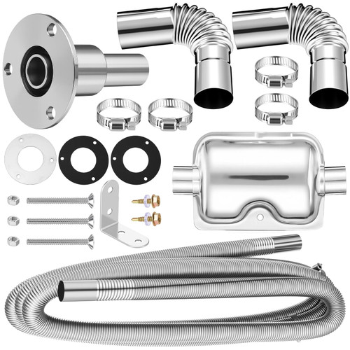 Honoson 25mm x 300cm Diesel Parking Heater Exhaust Pipe and Silencer Stainless Steel, 24mm Straight Thru Hull Exhaust Skin 25mm Elbow Connector Hose Clamps Kit Tube Pipe Socket Hardware for Car