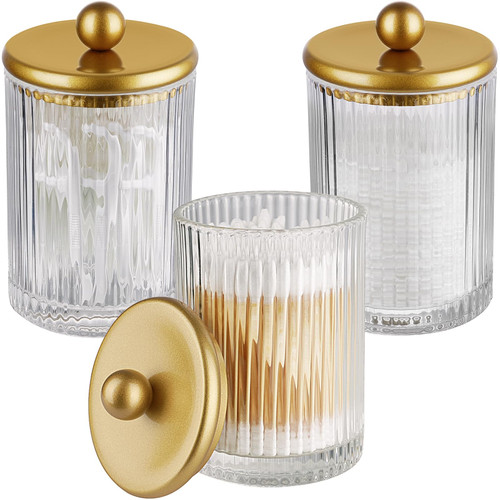 Komashr 3 Pack Glass Qtip Holder Dispenser Set with Matte Gold Metal Lid
