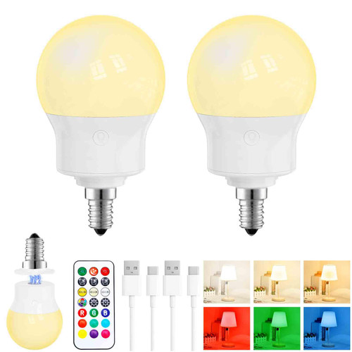Rechargeable LED Light Bulbs with Remote, Dimmable Magnetic E12 Battery Operated Light Bulb, 12 RGB Colors, 480LM 40W Equivalent, 3 Timer, for Sconces, Lamps Without Power, Camping, Emergency 2 PACK