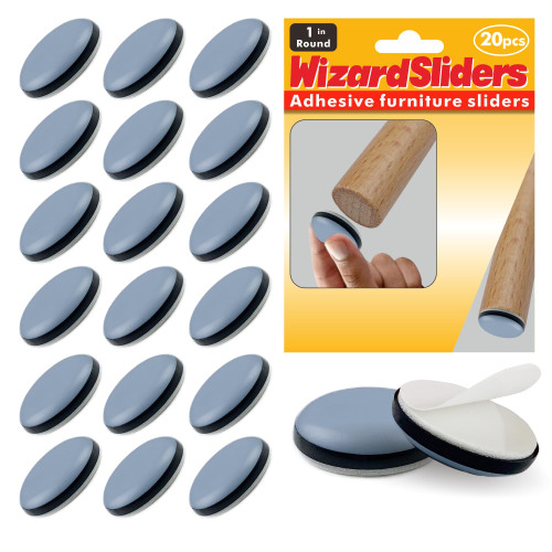 WIZARD SLIDERS 20 PCS PTFE(Teflon) 1 inch Furniture Glides Sliders, Furniture Sliders for Carpeted & Hardwood Floors,Chair Leg Floor Protectors, Self-Adhesive Small Appliance Sliders