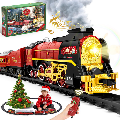 Christmas Train Set for around under The Tree, Electric Christmas Tree Train with Remote Sound Smoke Light, Steam Locomotive Xmas Christmas Train Toy Gift for Kids Boy Girl, Glowing Passenger Carriage