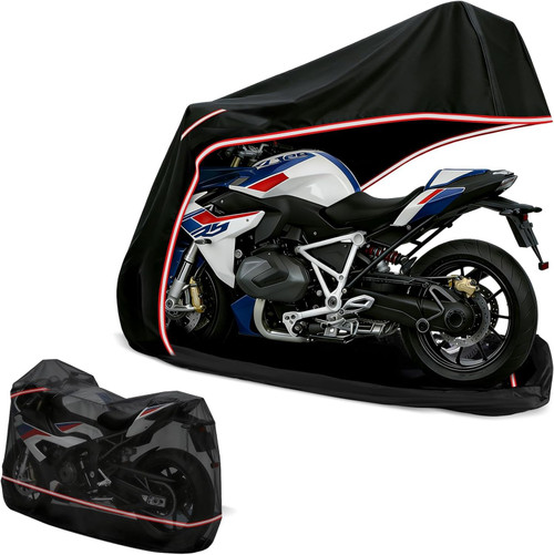 AUTOLION Full Enclosed Motorcycle Cover - Waterproof for Outdoor & Indoor Storage,600D Heavy Duty with Reflective Strips,Fits Scooters & Touring Motorcycles up to Length 108" x 45" x 59" Black