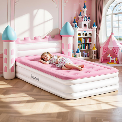 Lewondr Inflatable Kids Bed, Pink Castle Toddler Bed with Electric Air Pump