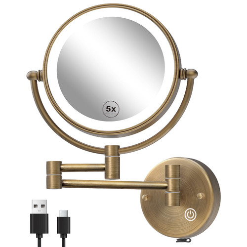 Makeup Mirror Wall Mounted with Lights, 5X Magnification, Antique Brass