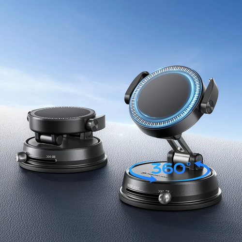 "MAGIC JOHN Clip-On Car Phone Holder, Strong Magnetic Grip, Non-Slip Foldable Stand, 360° Adjustable, for Car Navigation & Home Use — Works with or without Magnetic Phones Color: Black"