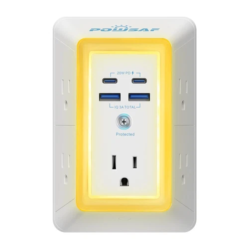 POWSAF Multi Plug Outlet Surge Protector - Summervibes - 3-Sided 5 Adapter-Spaced Outlets, 4 USB Ports (2 USB-C Fast Charging),Night Light, Etl-Certified Extender for Phones & Electronics Multifunctional Power Strip,Tower Usb Plug in Multiple