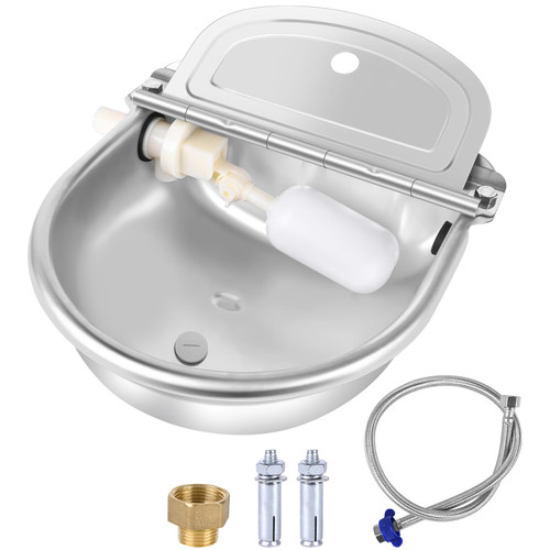 MYFAMIREA Automatic Animal Drinking Water Bowl Stainless Steel Waterer Feeder Farm Dog Dispenser Kit Self Filling for Livestock Horse Goat Water Trough with Float Valve Drain Hole Hose Adapter Bolts