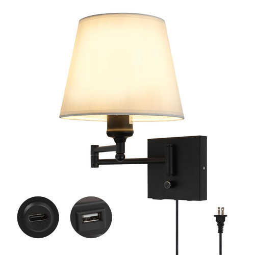 Bedside Wall Mount Light, Swing Arm Wall Lamp Plug-in Wall Sconce Black