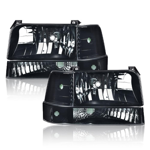 LQI Headlights Assembly w/Corner Signal Lamp & Bumper Lamps Compatible with 1992-1996 Ford F150 Bronco/Fit 1992-1997 Ford F250 F350 Smoke Black