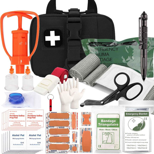 Snake Bite Kit, Bee Sting Kit, Ifak Refill Kit Supplies, Black Trauma kit Pouch Emergency First Aid Bleeding Control Ifak Kit, Venom Extractor Suction Pump, Bite and Sting First Aid Supplies (Black)