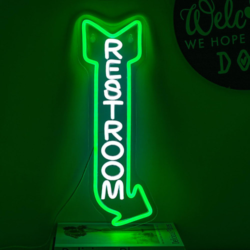 Alkkign Restroom Neon Sign for Wall Decor Toilet Neon Light Arrow Led Neon Signs White Green LED Neon Lights Bathroom Led Sign for Restroom Hotel Bar(Right Arrow)