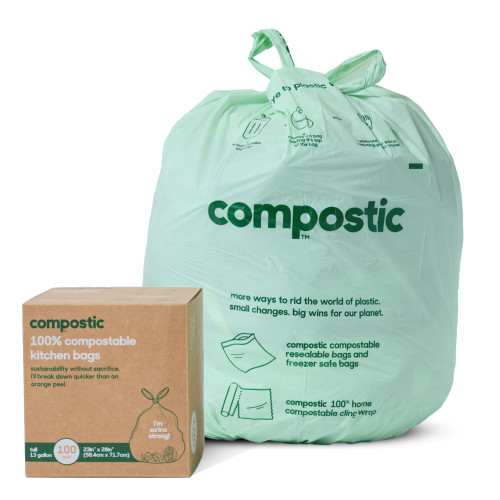 Compostic Compostable Trash Bags 13 Gallon Tall Kitchen, 100 Ct, Unscented
