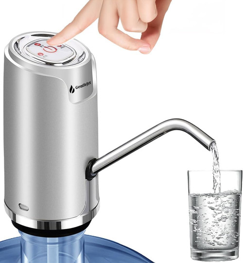 GentleJet Drinking Water Dispenser for 5 Gallon Bottle, Electric Rechargeable Portable Water Dispenser, USB Charging Water Bottle Pump with Switch for 2, 3, 4, 5 Gallon Jug (Silver)
