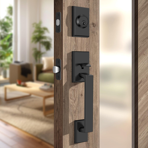 Moquin Square Front Door Handle Set, Heavy Duty Entry Door Handleset with Keys, Exterior Door Lock with Single Cylinder Deadbolt, Matte Black Reversible Door Lock for Right & Left Door