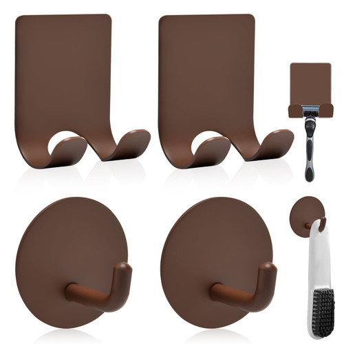 Diesisa Razor Holder for Shower + Adhesive Wall Hooks, Premium 304 Stainless Steel Shower Razor Holder with Heavy Duty Waterproof Sticky Hooks for Hanging Towels, Coat, hat (2+2 Pack)-Brown