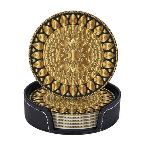 BOXIMIAO Drink Coasters with Holder Stand Set of 6, Pu Leather Absorbent Coasters with Cork Base Table Coaster Round Coasters for Housewarming Apartment Kitchen Bar Decor Mandala Art Floral Gold