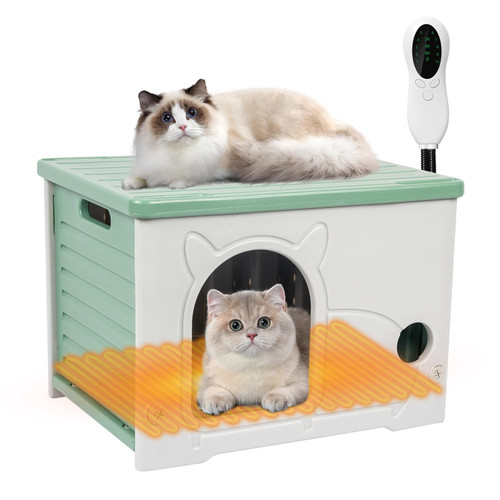 Plastic Cat House for Indoor Outdoor, Weatherproof Outside Cat House for Feral Cat, Stackable Cat Shelter with Plush Cushion (Green)