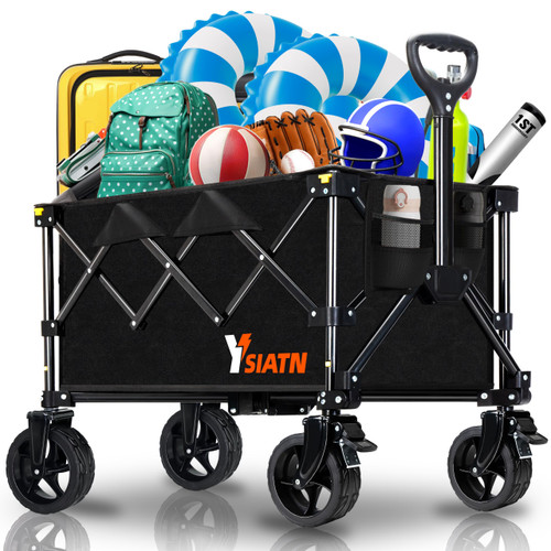 Collapsible Wagon Cart with Wheels Foldable, Folding Wagons Carts with All Terrain Wheels, Large Grocery Carts On Wheel, Heavy Duty Utility Wagons for Shopping Beach Sports, 150L, Black