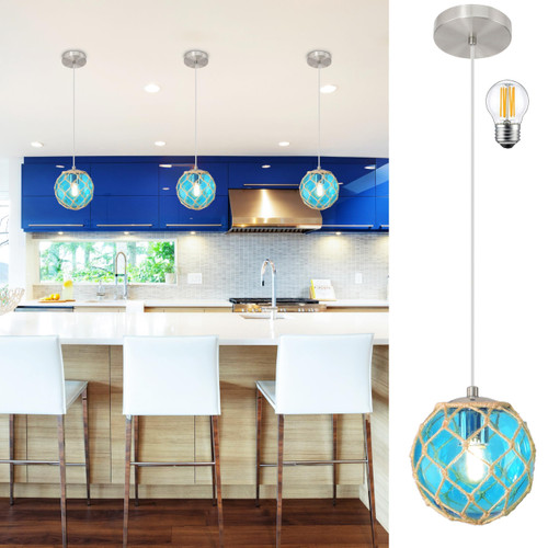 6" Blue Coastal Pendant Light Kitchen Island,Glass Globe Ocean Ceiling Light Fixture Beach House,Dimmable Hemp Rope Light Fixture Hanging For Bathroom Living Room Farmhouse Entry Bedroom(Bulb Incl.