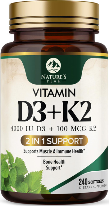 Vitamin D3 K2 - High Potency Vitamin D3 + K2 - 2-in-1 Complex Vitamin D & K2 (MK7) Supplement - Gluten Free - Bone & Immune Support - Vitamin D3 4000 IU Per Softgel - Bottled in the USA - 240 Softgels
