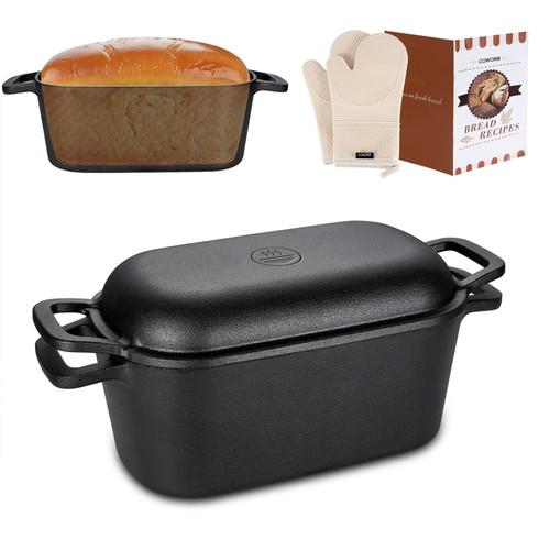 3.6 QT Cast Iron Loaf Bread Pan with Lid, Oval Dutch Oven for Bread Baking