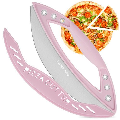 Rainspire 12" Pizza Cutter Rocker Blade Stainless Steel Pizza Rocker with Cover Sharp Blade Pizza Knife Dishwasher Safe Kitchen Gadgets Home Essentials, Pink