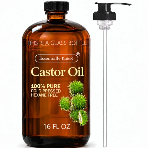 Essentially KateS Castor Oil 16 Fl Oz (Glass Bottle) - Original - A Huge Glass Bottle with a Pump - 100% Pure and Natural, Cold Pressed, and Hexane-Free - Hair and Body
