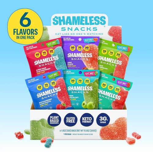 Shameless Snacks Variety Pack - Keto & Vegan Gummies (6 Bags), Snack, 3G Net Carbs, 3G Sugar, Gluten-Free, 70 Calories per Bag, the Candies, Non-Gmo Fruity Sweets, Keto Fruity Sweets