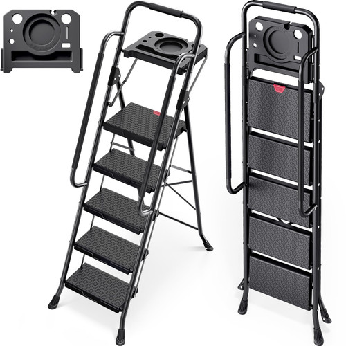 KINGRACK 5-Step Ladder with Handrail, Folding Steel Step Stool, Black