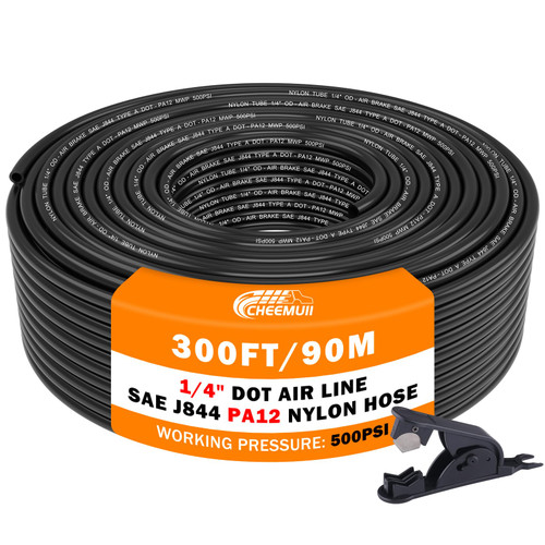 CheeMuii 300FT 1/4" DOT Air Line 1/4 Air Hose PA12 Nylon Pneumatic Tubing