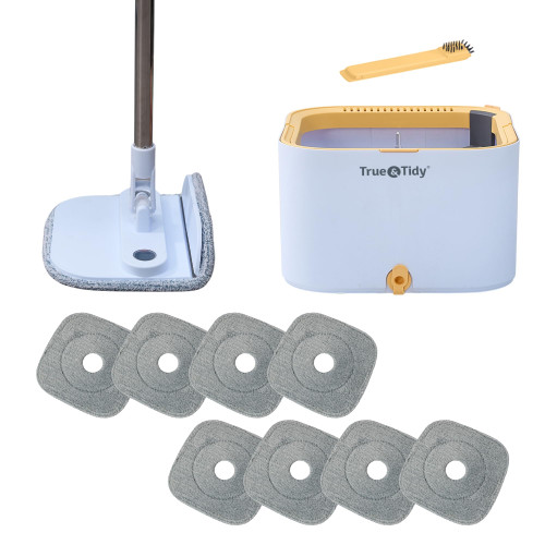 True & Tidy TrueClean Spin Mop & Bucket 2.0 with Detachable Inner Bucket, Dual Chamber Clean & Dirty Water System, 360° Swivel Foldable Mop Head, 8pc Machine Washable Microfiber Pads, Built-in Brush