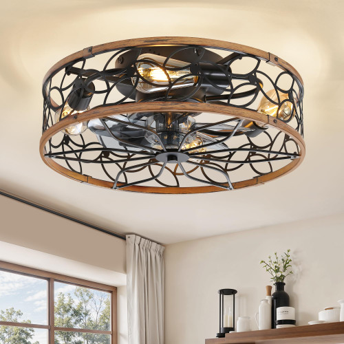 LEDIARY Caged Ceiling Fan with Light, Flush Mount Fandalier with Remote