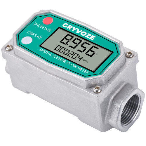 GRYVOZE 3/4 Inch Digital Turbine Fuel Flow Meter, 0.8-13.2 GPM Inline NPT Thread Flowmeter for Water, Diesel, Gas Oil, Kerosene, Methanol, and Other Liquids - Supports Gallon, QTS, PTS, L, m³