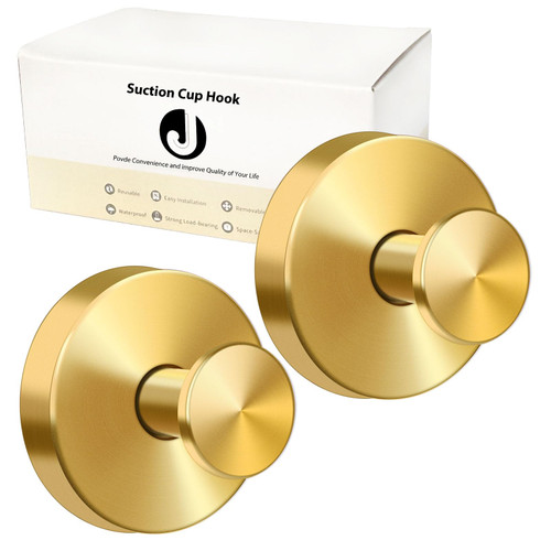 EASETROL Suction Cup Hooks for Shower, Removable Towel Hooks for Bathroom Glass Door, Window, Mirror & Tile, No-Drill Heavy Duty Stainless Steel Hooks for Robe, Loofah & Wreath, 2 Pack, Gold