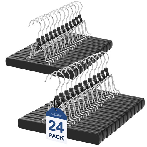 TOPIA HANGER 24 Pack Wooden Pants Hangers, Hair Extension Hangers Non Slip Skirt Hanger Wood Clamp with Velvet Padded 360° Swivel Hook for Jeans, Skirts, Trousers, Wigs Black CT68B