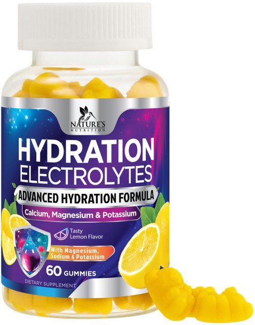 Hydration Electrolyte Gummies - Daily Liquid Replenisher Gummy - Advanced Electrolyte Multiplier with Calcium, Minerals, Potassium & Real Salt, Tasty Lemon Flavor Hydration Electrolytes - 60 Gummies