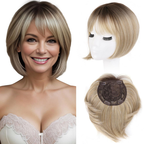 LEEONS Hair Topper for Women, 10 Inch Short Bob with Bangs, 6.5 x 6.5 Inch Large Base, Medium-Thick Density Synthetic Hairpiece for Thinning Crown, Blonde Blend with Dark Brown Root