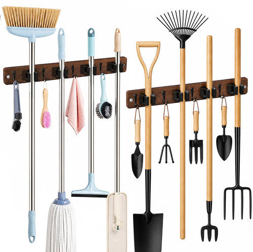 AceMining 2 Pack Broom Holder Wall Mount, 4 Holders 4 Hooks Mop Holder