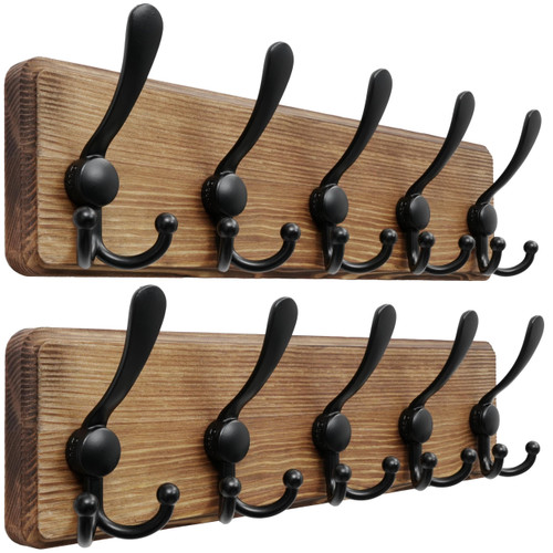 Dseap Coat Rack Wall Mounted - 5 Tri Hooks, Heavy Duty, Wooden Wall Coat Hanger Coat Hook for Clothes Hat Jacket Clothing, Natural & Black, 2 Packs