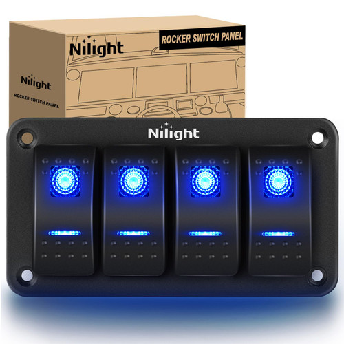 Nilight - 90109D 4 Gang Aluminum Rocker Switch Panel Toggle Dash 5 Pin ON/Off Pre-Wired Rocker Switch Blue Backlit Switch for Automotive Car Marine Boat RV,2 Years Warranty